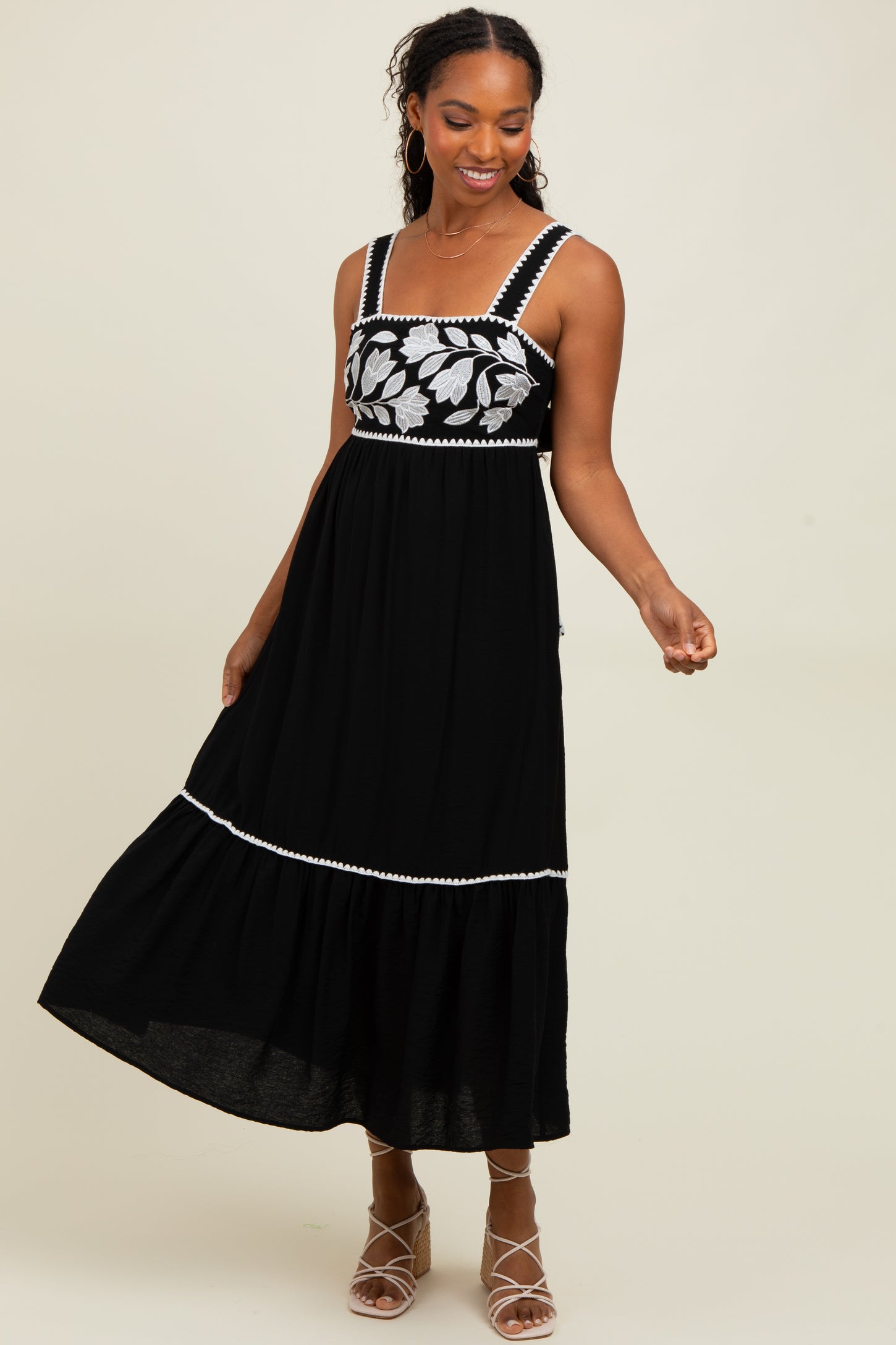 Black Floral Embroidered Cutout Tie Back Midi Dress