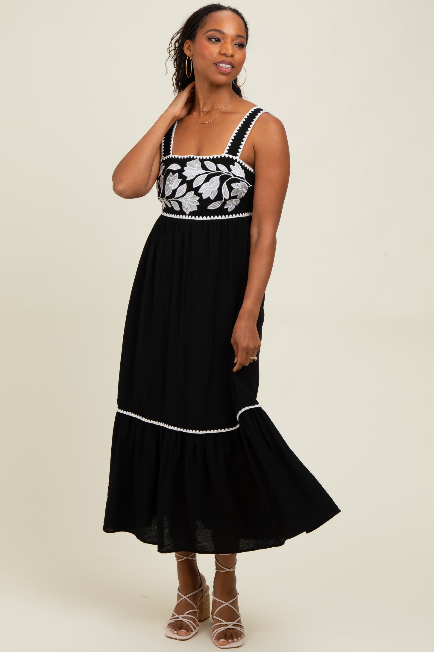 embroidered back-cutout midi dress Black Floral Embroidered Cutout Tie Back Midi Dress