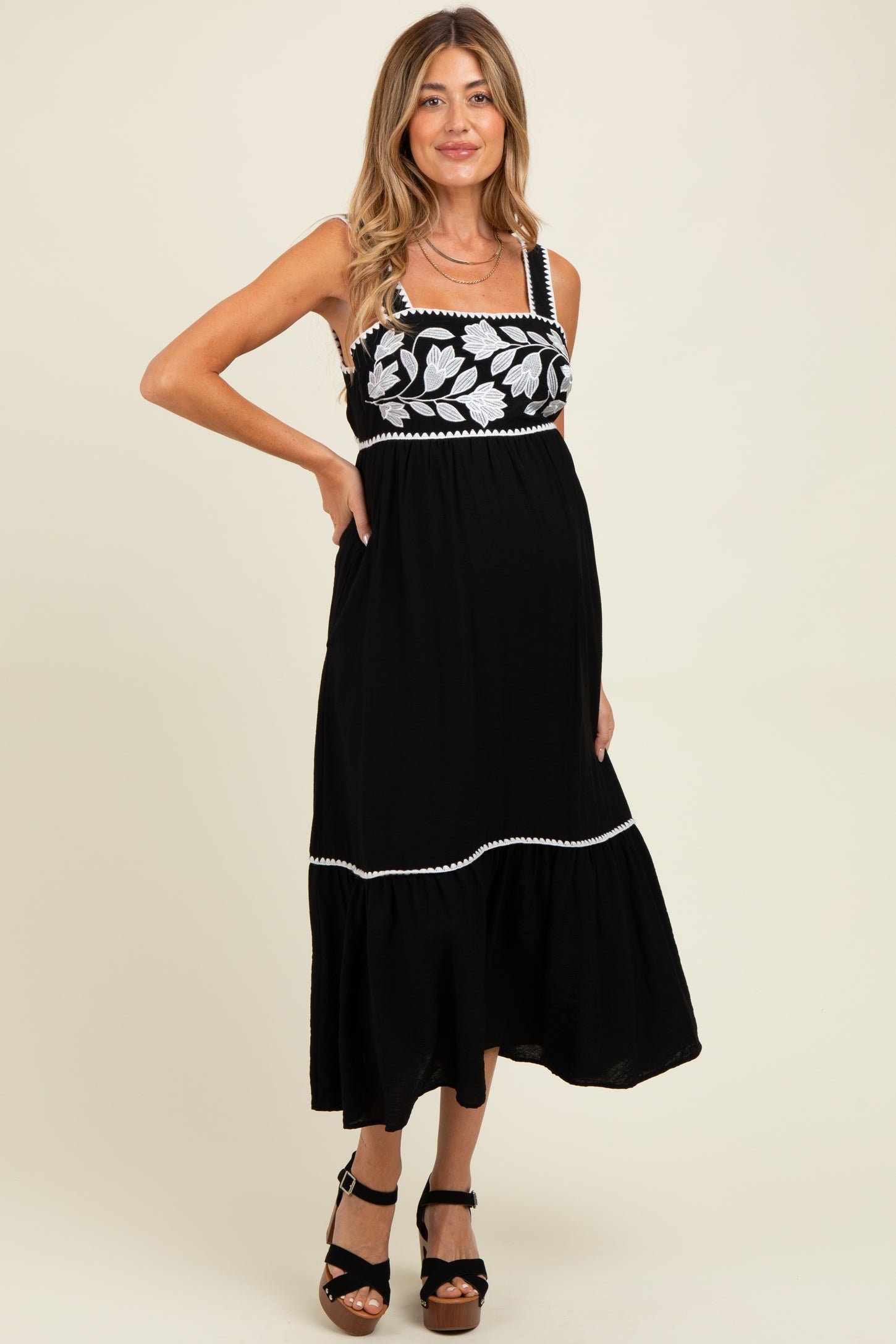 Black Floral Embroidered Cutout Tie Back Maternity Midi Dress PinkBlush Black Floral Embroidered Cutout Tie Back Maternity Midi Dress PinkBlush