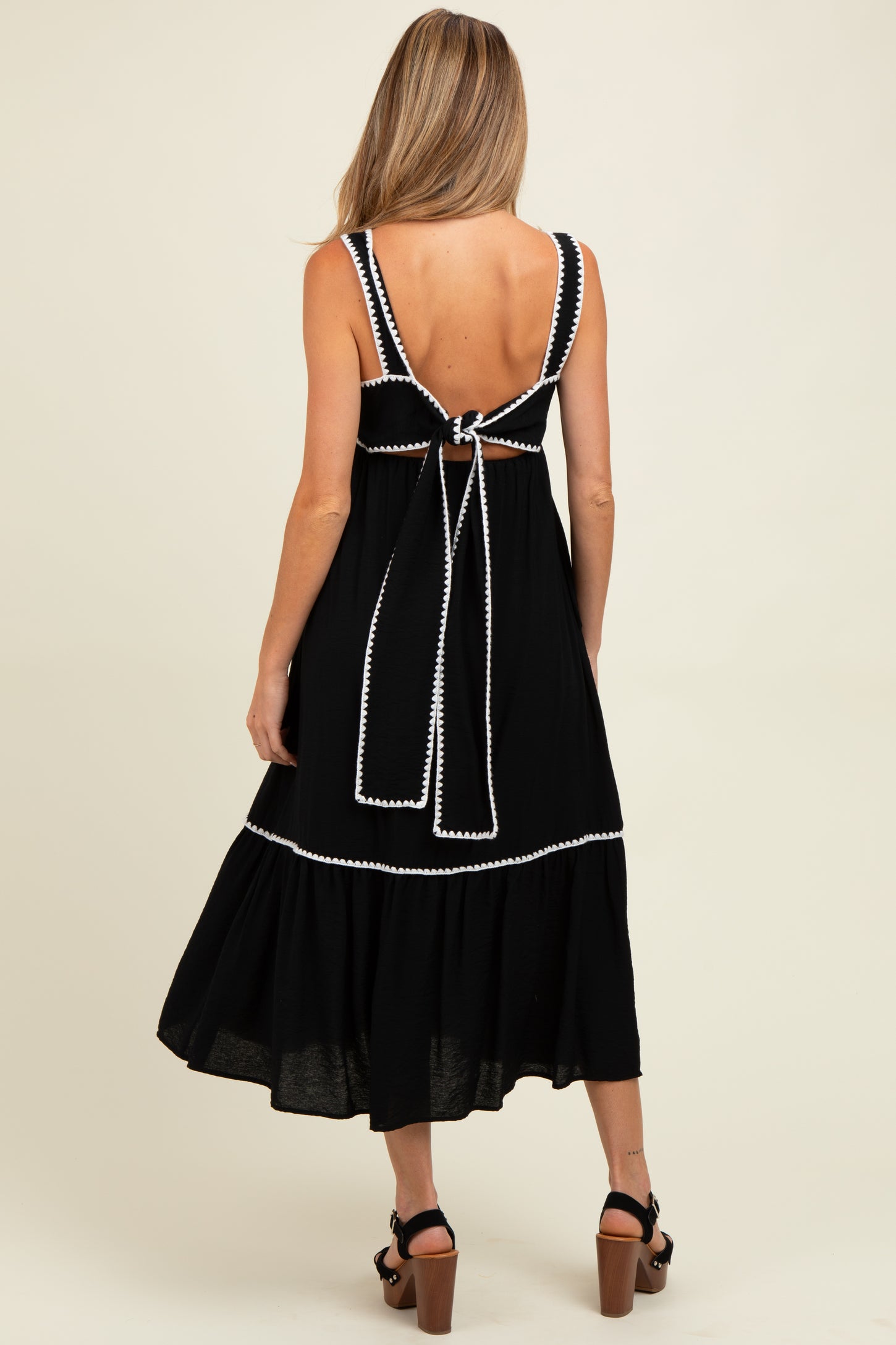 Black Floral Embroidered Cutout Tie Back Maternity Midi Dress