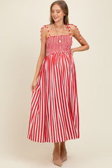 Red Striped Smocked Shoulder Tie Maternity Midi Dress