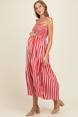 Red Striped Smocked Shoulder Tie Maternity Midi Dress