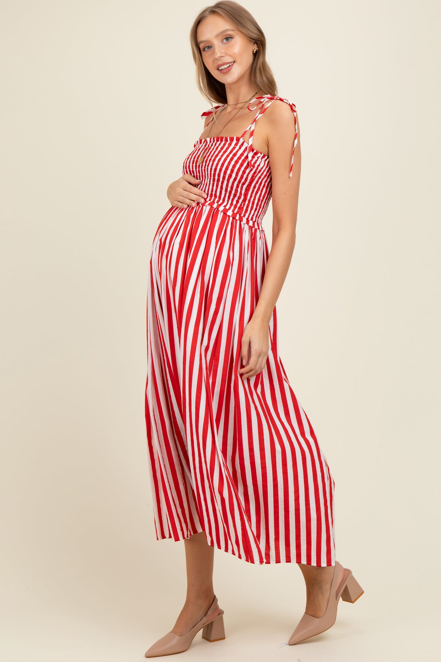 Red Striped Smocked Shoulder Tie Maternity Midi Dress