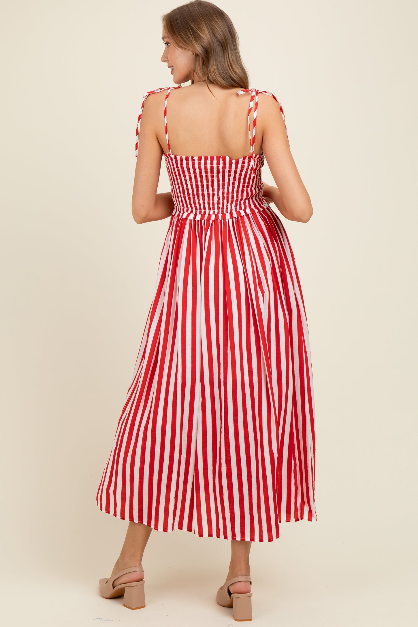 Red Striped Smocked Shoulder Tie Maternity Midi Dress