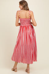Red Striped Smocked Shoulder Tie Maternity Midi Dress