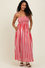 Red Striped Smocked Shoulder Tie Midi Dress