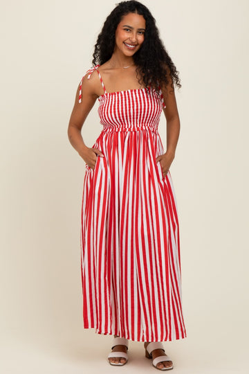 Red Striped Smocked Shoulder Tie Midi Dress