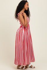 Red Striped Smocked Shoulder Tie Midi Dress