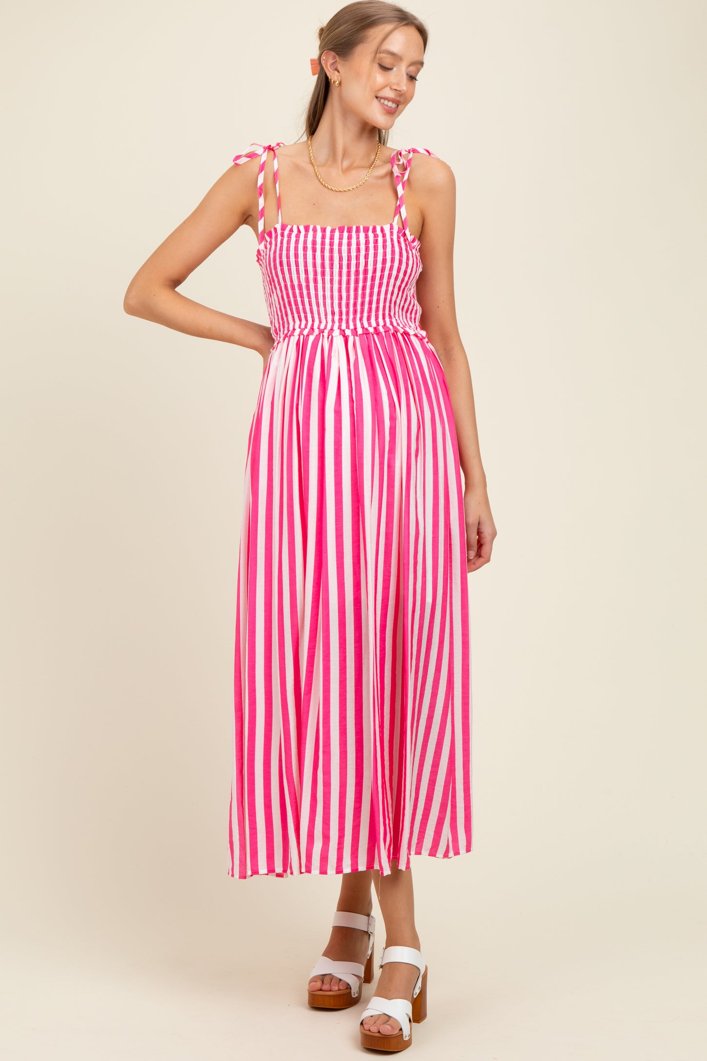 Pink Striped Smocked Shoulder Tie Maternity Midi Dress