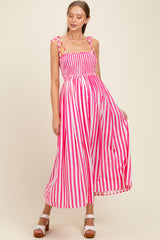 Pink Striped Smocked Shoulder Tie Maternity Midi Dress