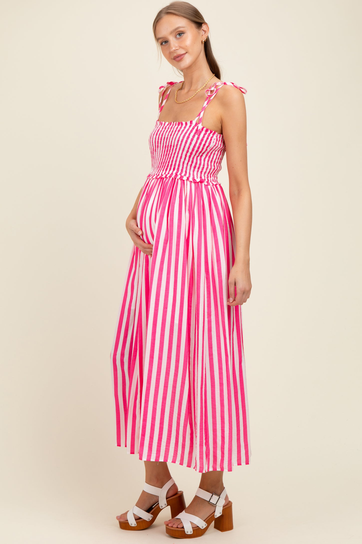 Pink Striped Smocked Shoulder Tie Maternity Midi Dress