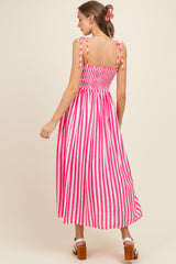 Pink Striped Smocked Shoulder Tie Maternity Midi Dress