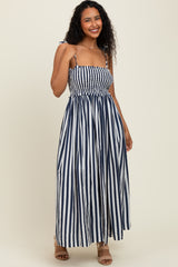 Navy Striped Smocked Shoulder Tie Maternity Midi Dress