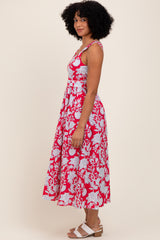 Red Floral Square Neck Sleeveless Midi Dress