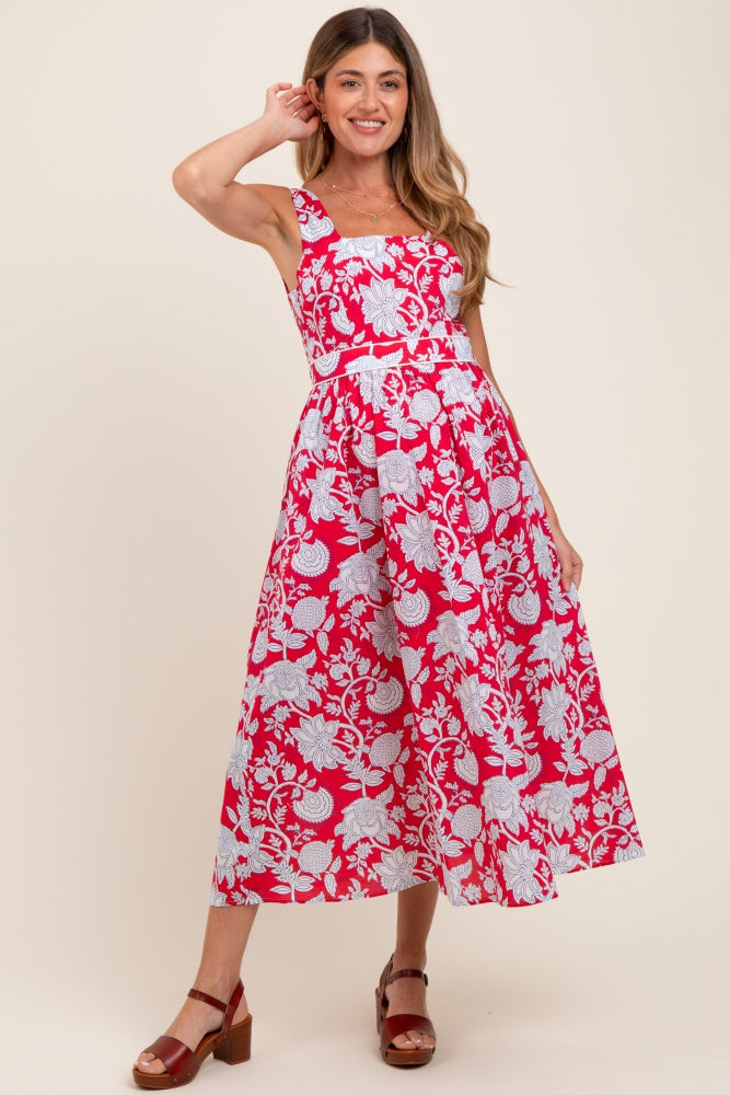 Red Floral Square Neck Sleeveless Maternity Midi Dress