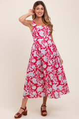 Red Floral Square Neck Sleeveless Maternity Midi Dress