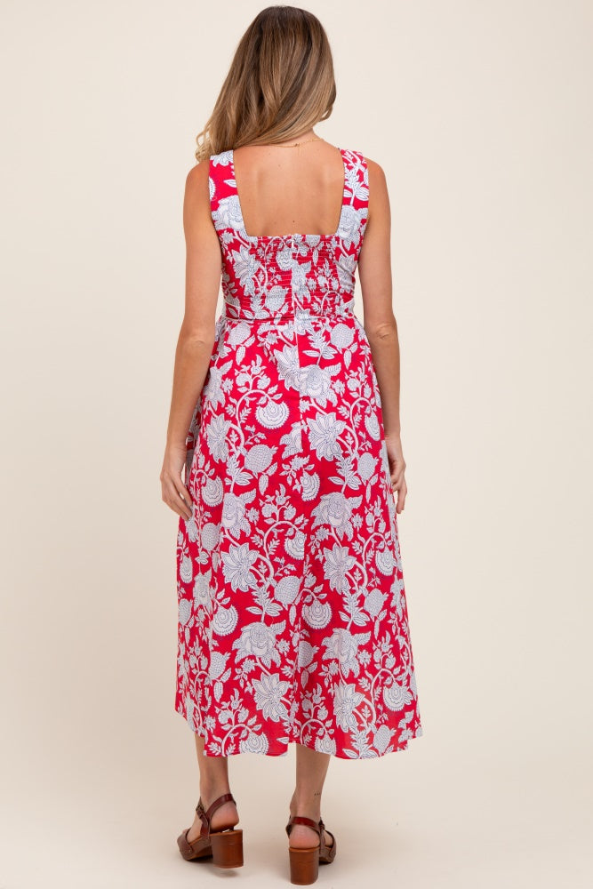 Red Floral Square Neck Sleeveless Maternity Midi Dress