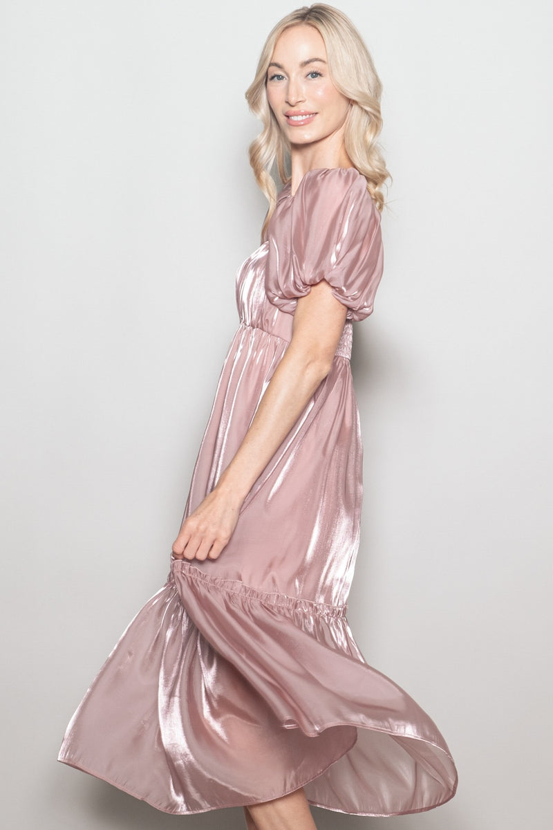 midi fuchsia organza dress Pink Organza Puff Sleeve Midi Dress