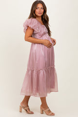 Pink Organza Puff Sleeve Maternity Midi Dress