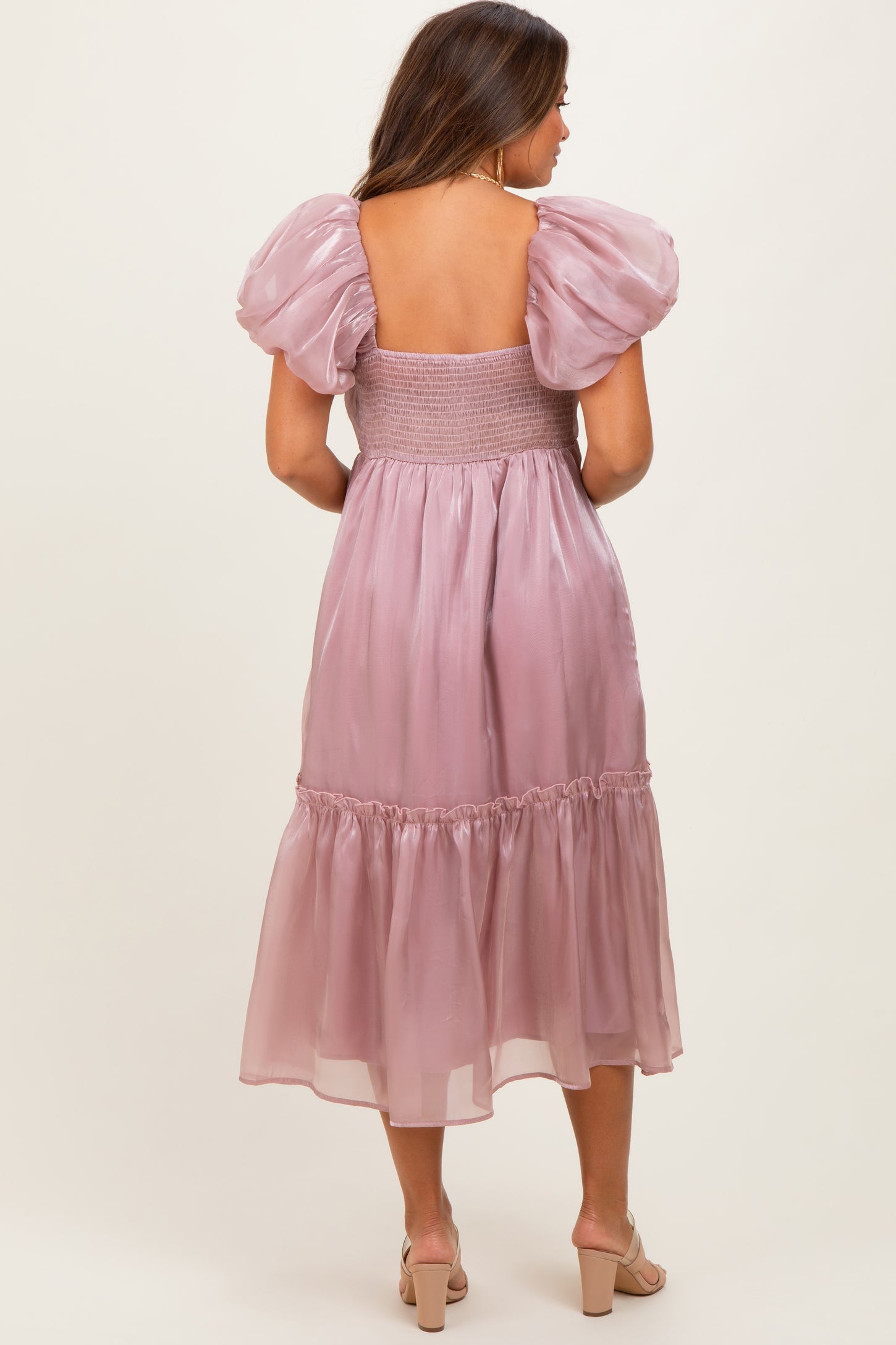 Pink Organza Puff Sleeve Maternity Midi Dress