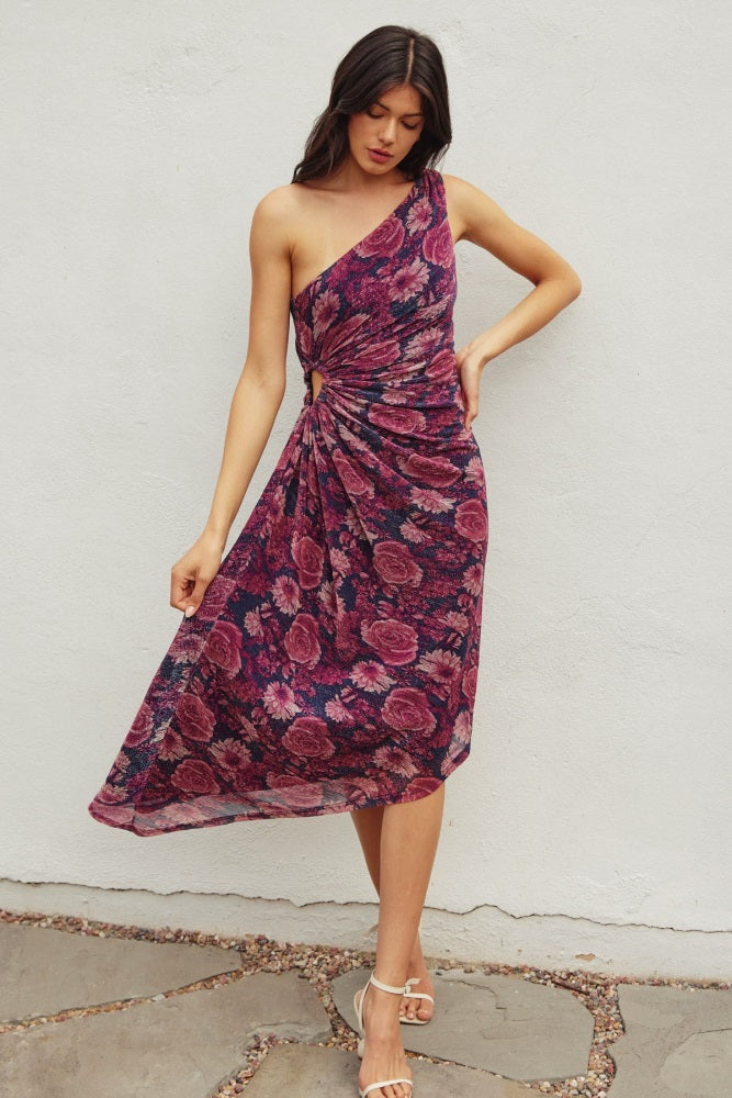Magenta Floral One Shoulder Asymmetrical Midi Dress