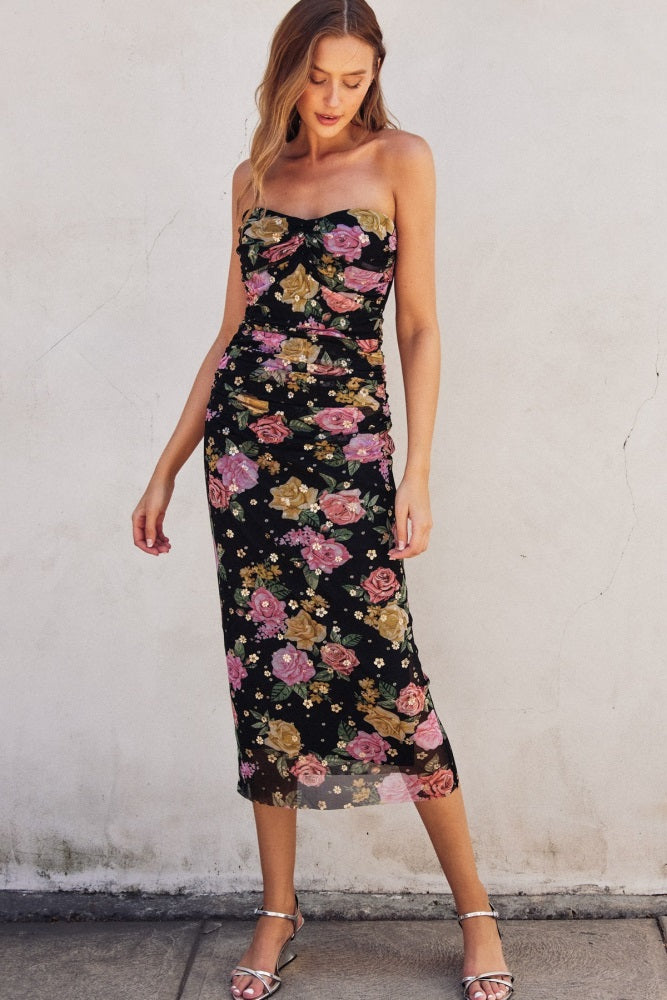 Black Floral Mesh Strapless Fitted Maternity Midi Dress Black Floral Mesh Strapless Fitted Maternity Midi Dress