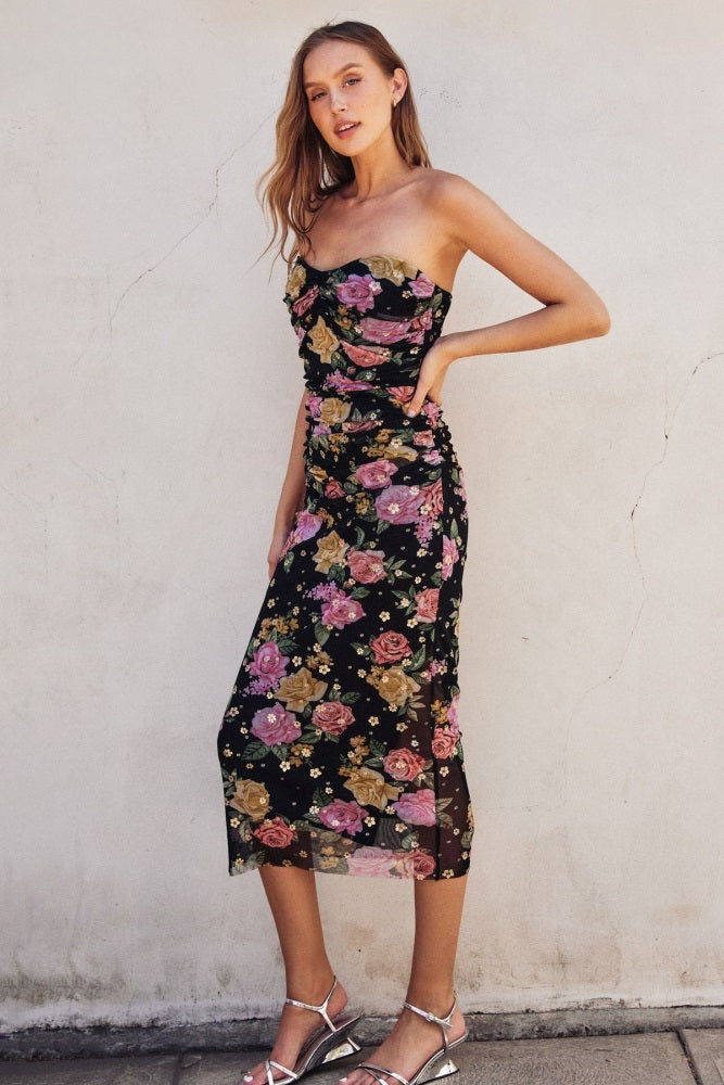 Black Floral Mesh Strapless Fitted Midi Dress Black Floral Mesh Strapless Fitted Midi Dress