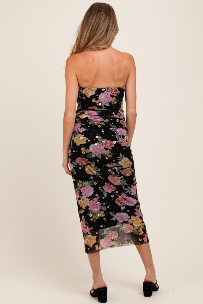 Black Floral Mesh Strapless Fitted Maternity Midi Dress Black Floral Mesh Strapless Fitted Maternity Midi Dress
