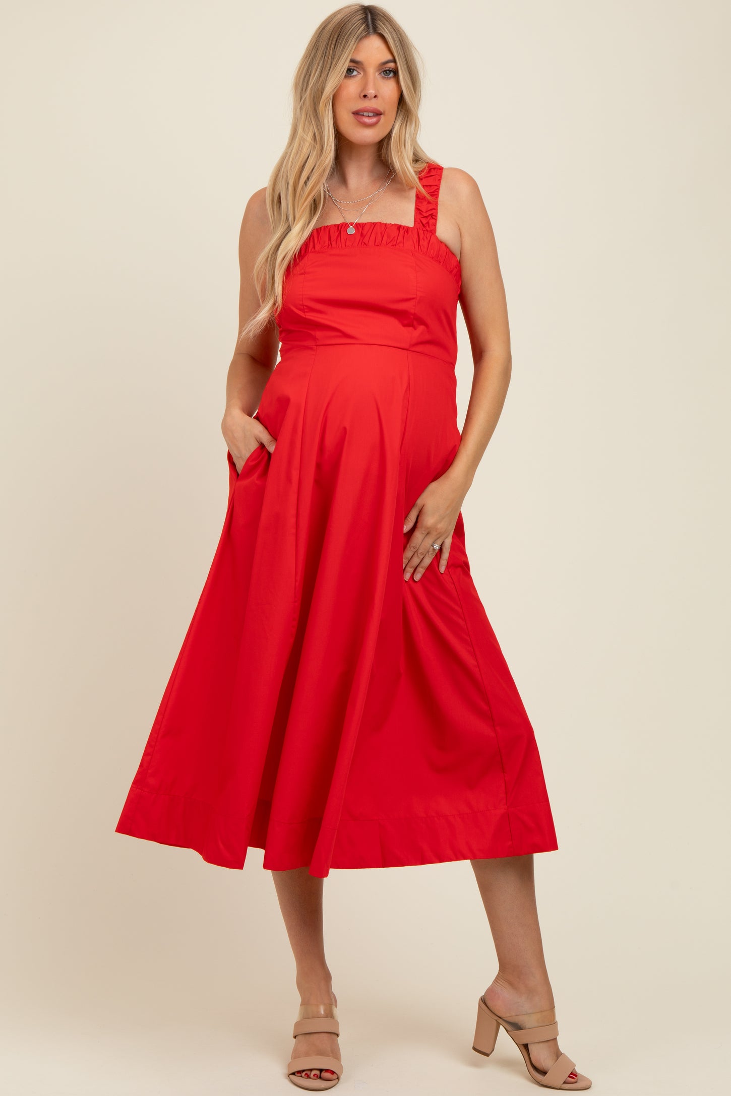 Red Back Bow Tie Detail Sleeveless Maternity Midi Dress