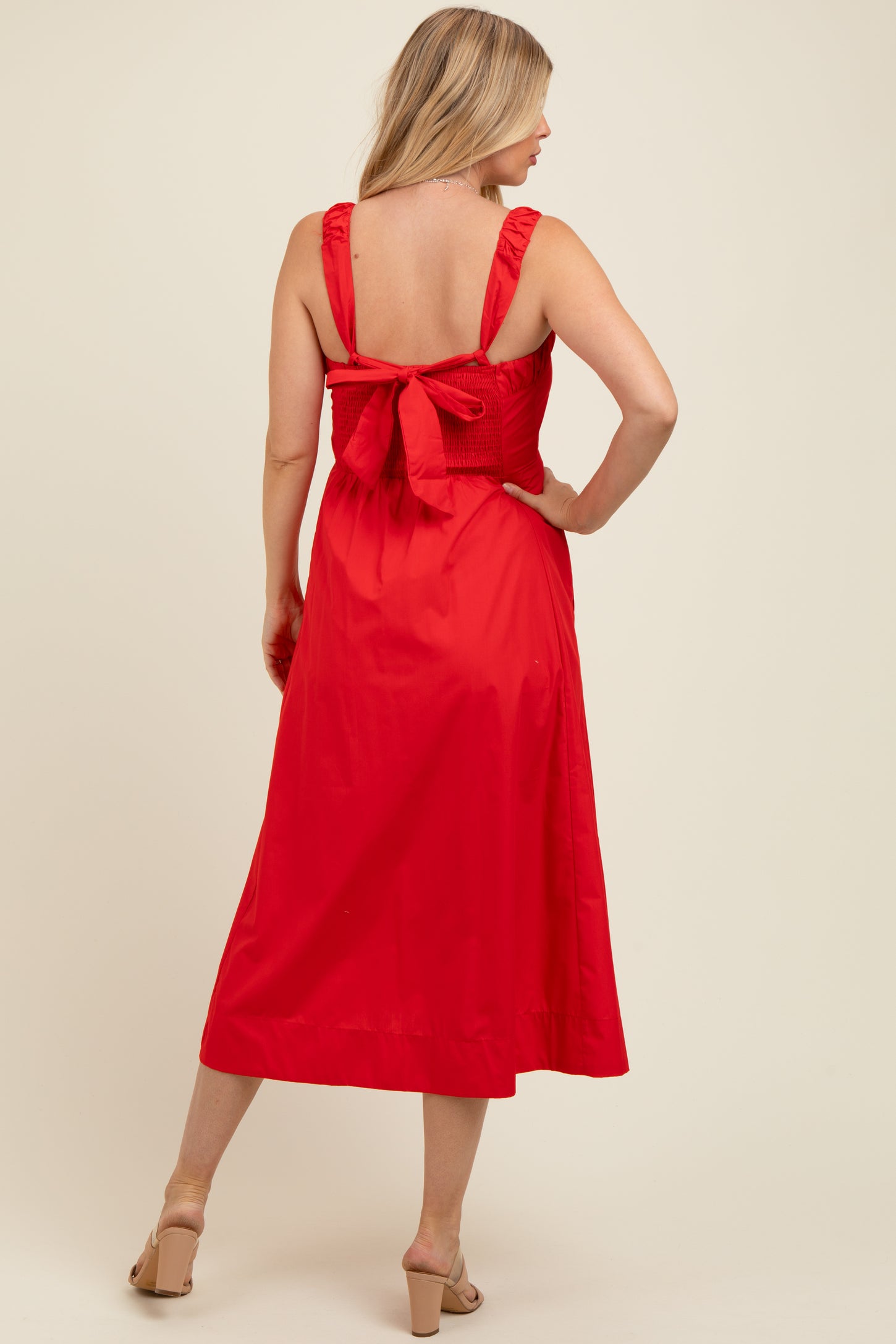 Red Back Bow Tie Detail Sleeveless Maternity Midi Dress