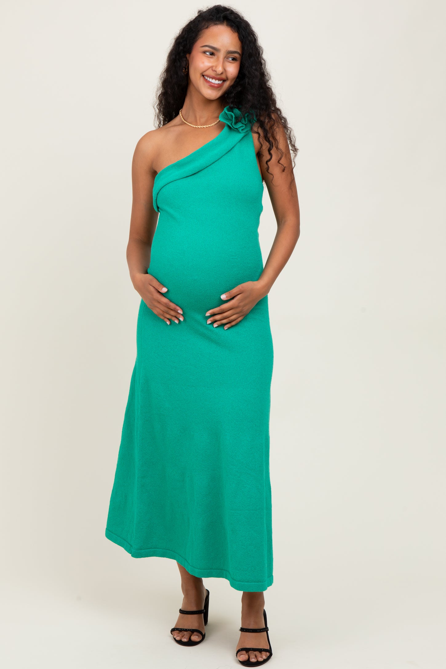 Green One Shoulder Knit Sleeveless Maternity Maxi Dress