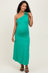 Green One Shoulder Knit Sleeveless Maternity Maxi Dress