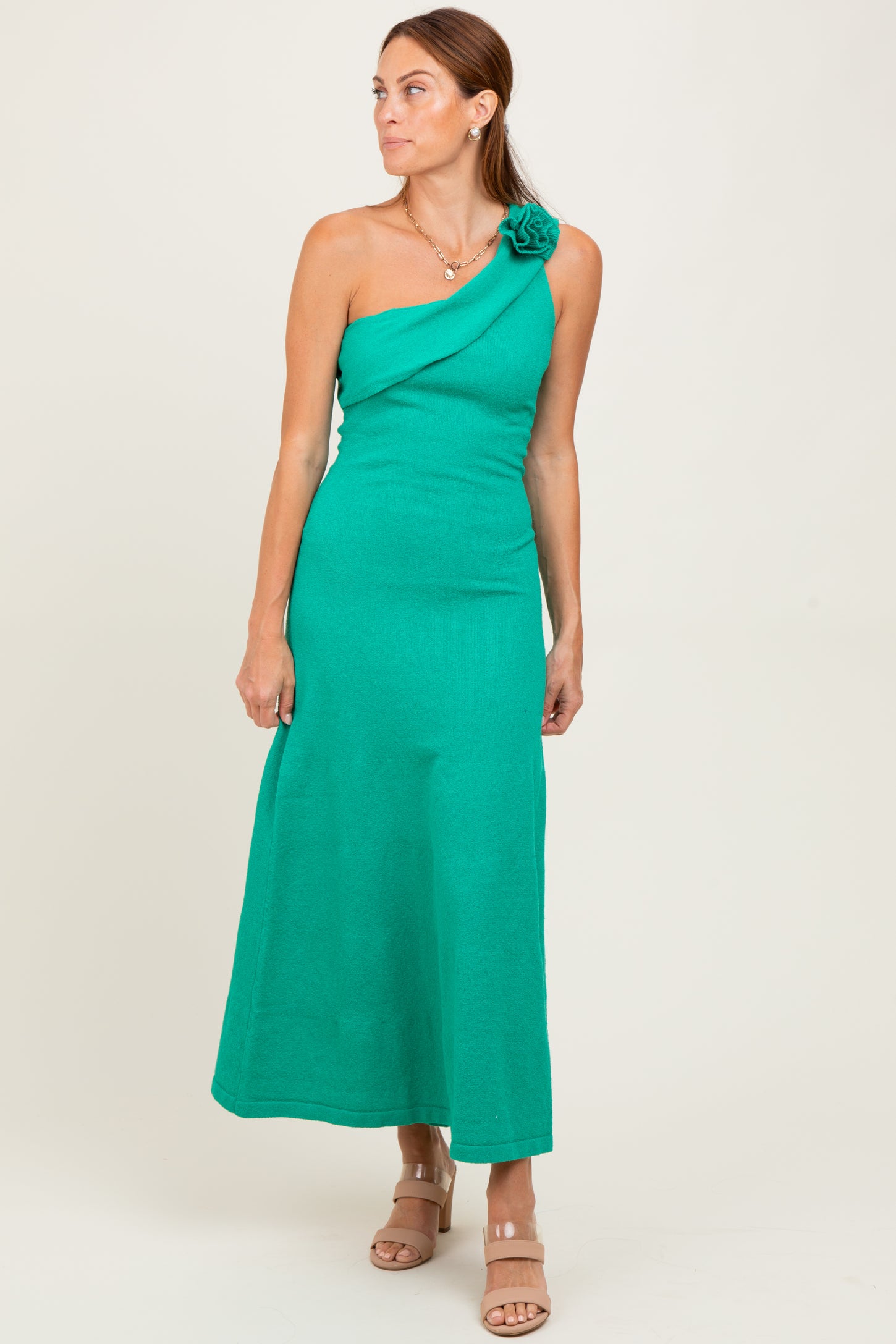 Green One Shoulder Knit Sleeveless Maxi Dress
