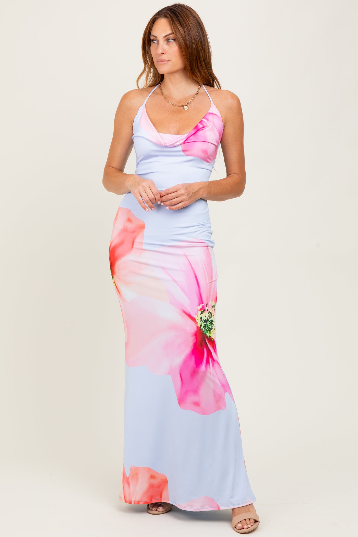 Light Blue Floral Draped Halter Maternity Maxi Dress