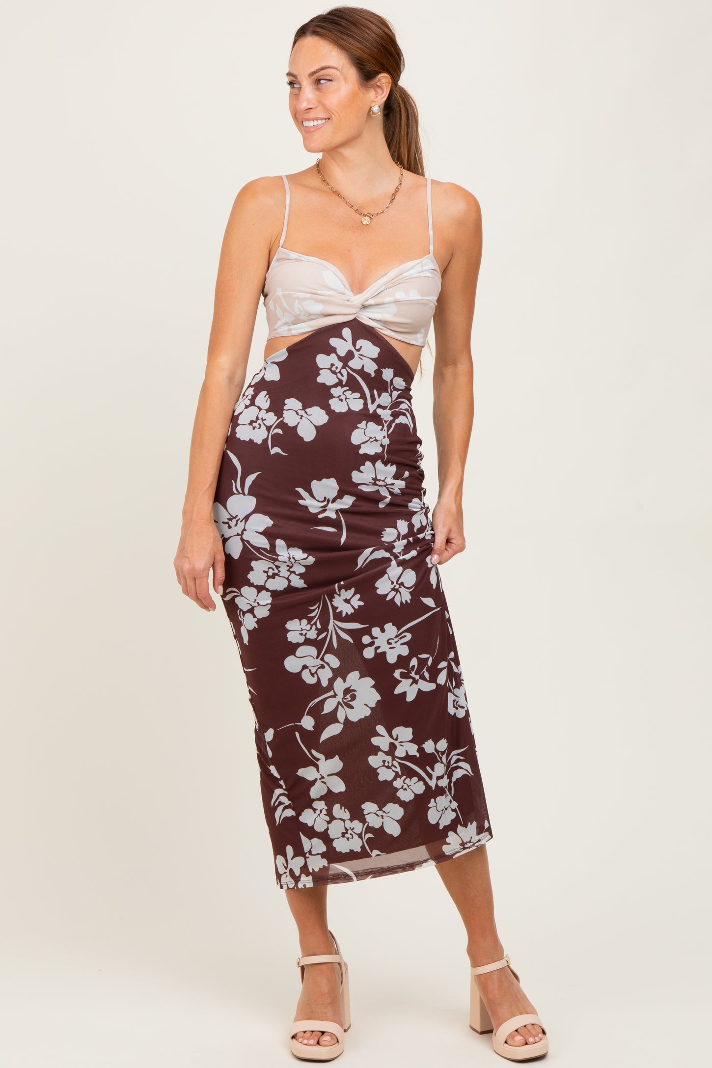 Brown Colorblock Floral Cutout Sleeveless Maternity Maxi Dress