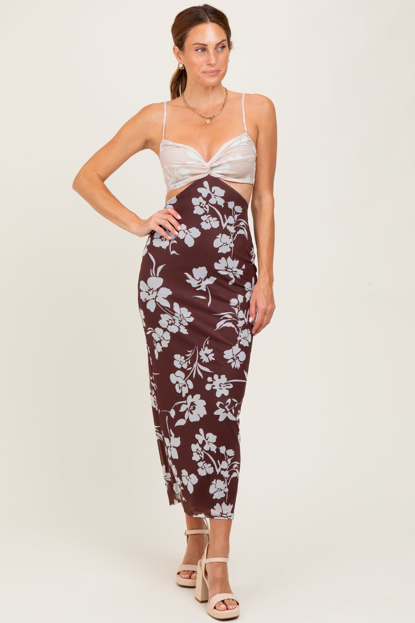 maxi colorblock dress Brown Colorblock Floral Cutout Sleeveless Maxi Dress