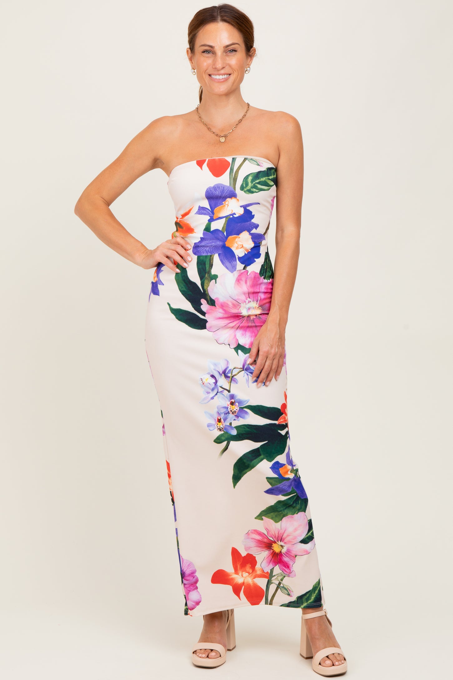 Peach Tropical Floral Strapless Maxi Dress