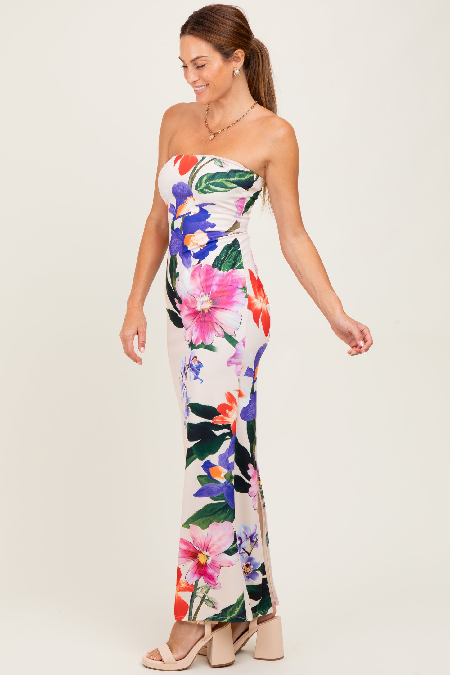 Peach Tropical Floral Strapless Maxi Dress