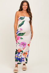 Peach Tropical Floral Strapless Maternity Maxi Dress