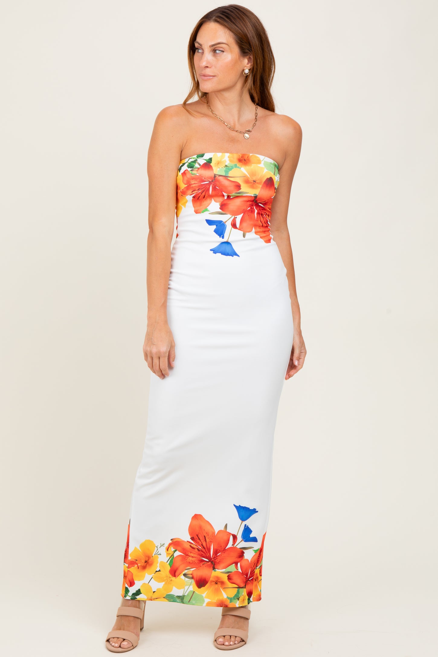 Ivory Floral Strapless Maternity Maxi Dress