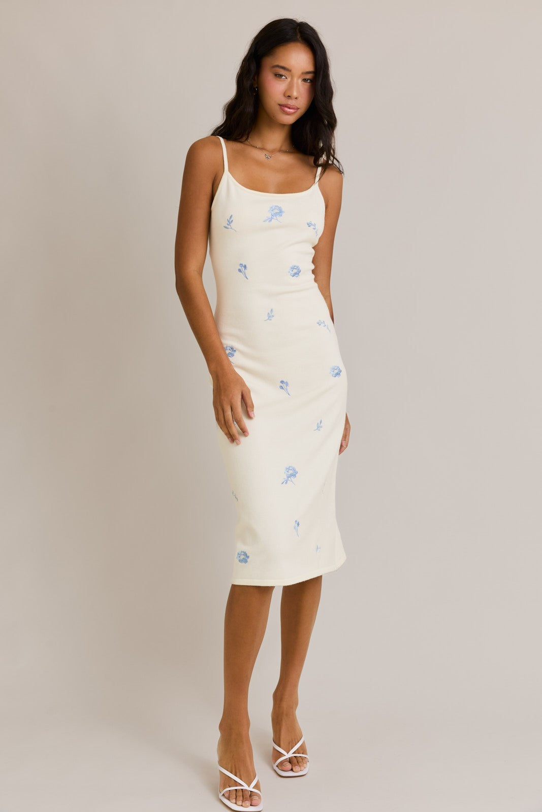 Ivory Knit Floral Embroidery Midi Tank Dress  PinkBlush