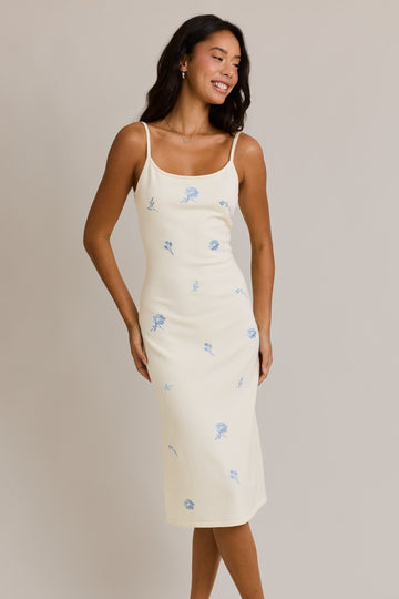 Ivory Knit Floral Embroidery Midi Tank Dress