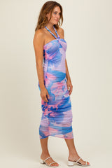 Blue Flower Mesh Halter Midi Dress