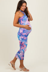 Blue Flower Mesh Halter Maternity Midi Dress
