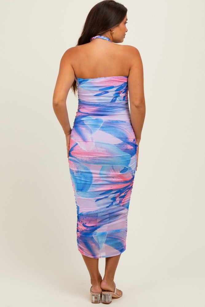 Blue Flower Mesh Halter Maternity Midi Dress