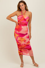 Red Flower Mesh Halter Maternity Midi Dress