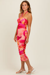 Red Flower Mesh Halter Midi Dress