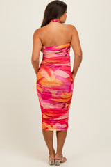 Red Flower Mesh Halter Maternity Midi Dress