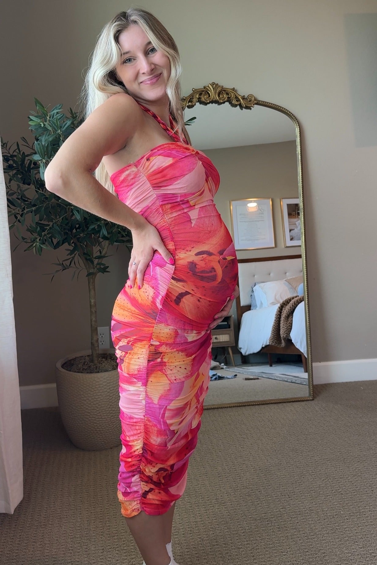 Red Flower Mesh Halter Maternity Midi Dress