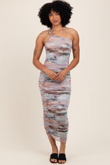 Multicolor Printed Mesh One Shoulder Midi Dress